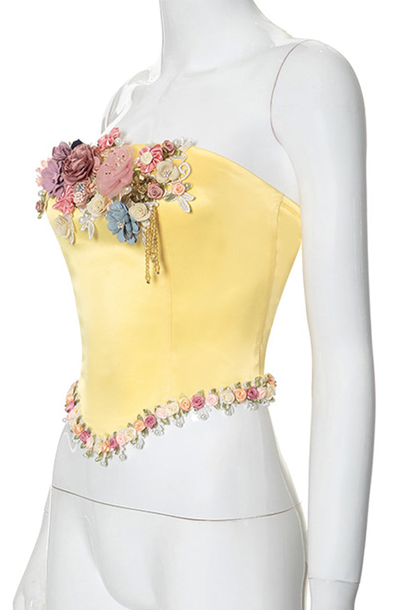 Flowers Patchwork Zipper Strapless Tops - Fashionpara
