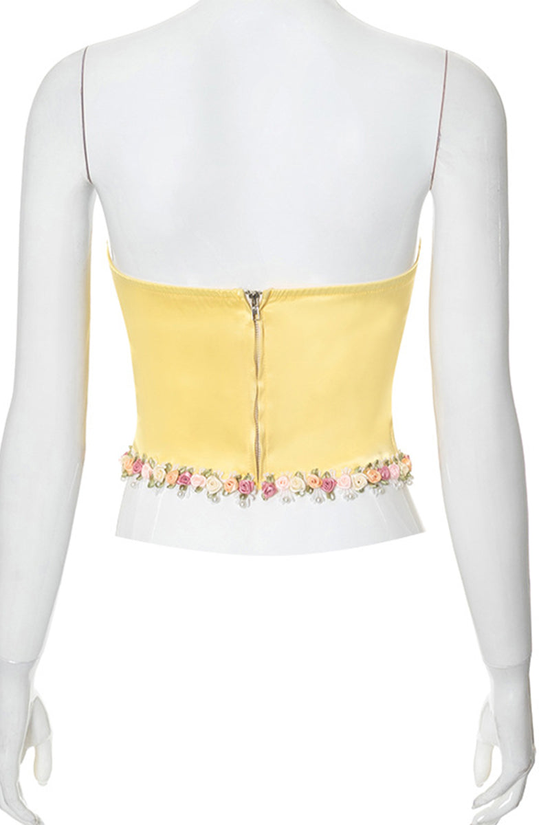 Flowers Patchwork Zipper Strapless Tops - Fashionpara
