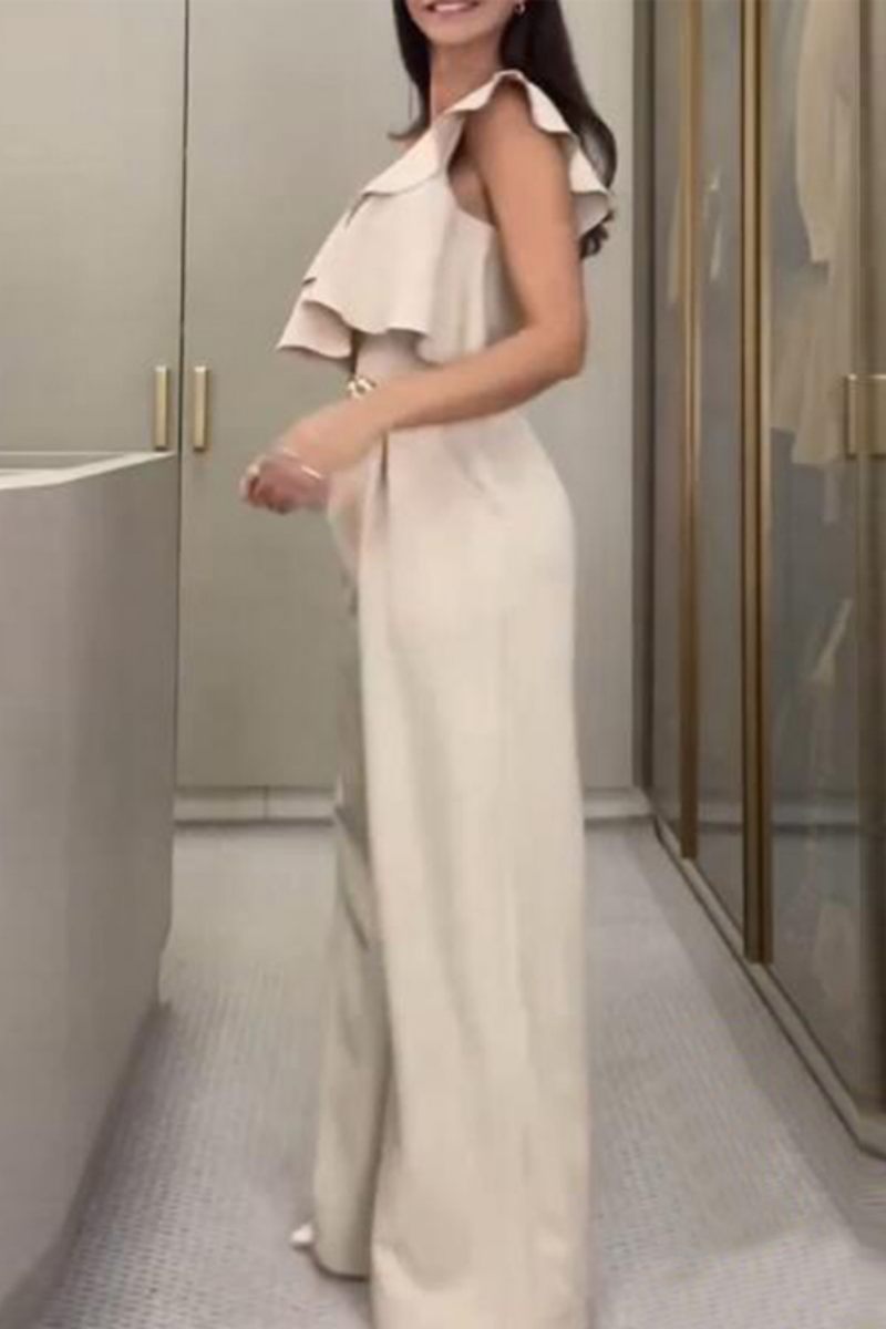 Casual Solid Patchwork Backless Oblique Collar Regular Jumpsuits (Without Belt) - Fashionpara