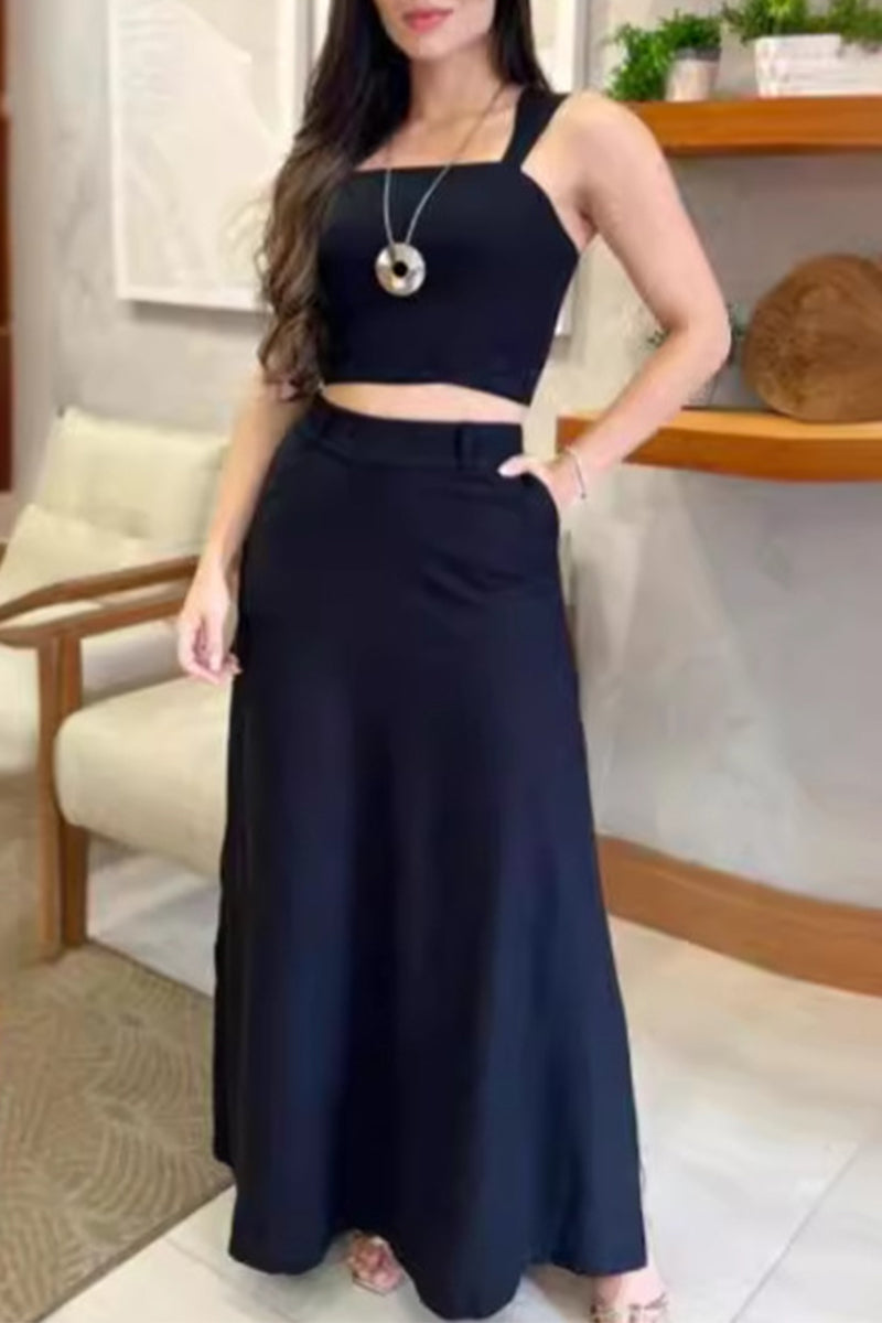 Casual Solid Pocket Slit Square Collar Sleeveless Two Pieces - Fashionpara