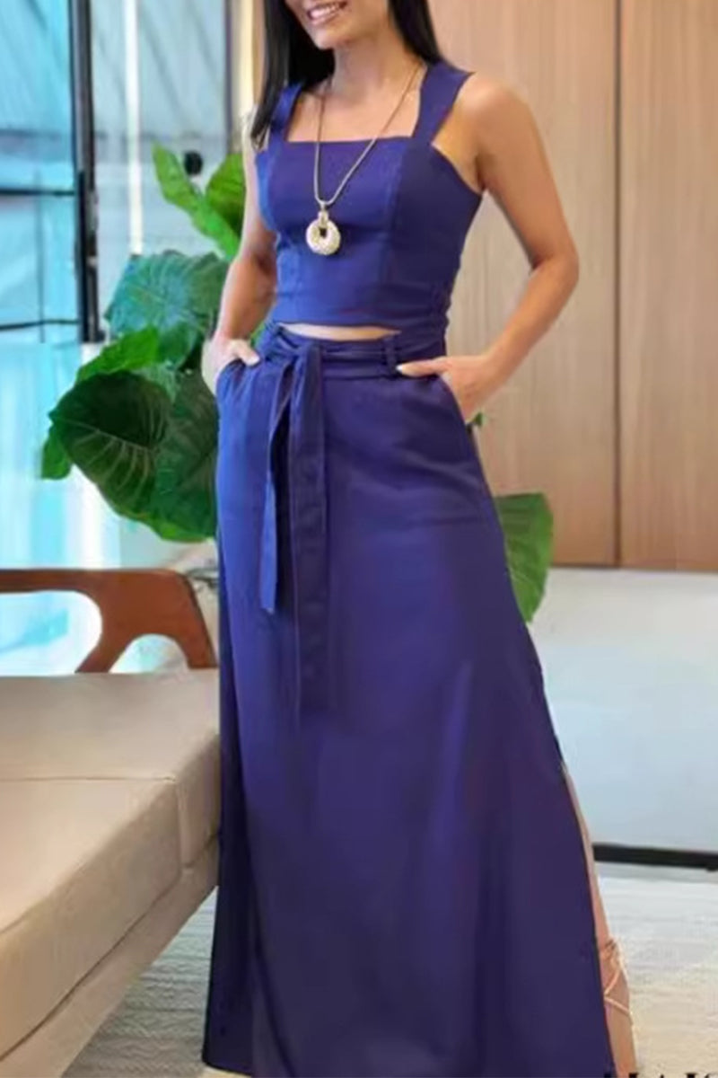 Casual Solid Pocket Slit Square Collar Sleeveless Two Pieces - Fashionpara