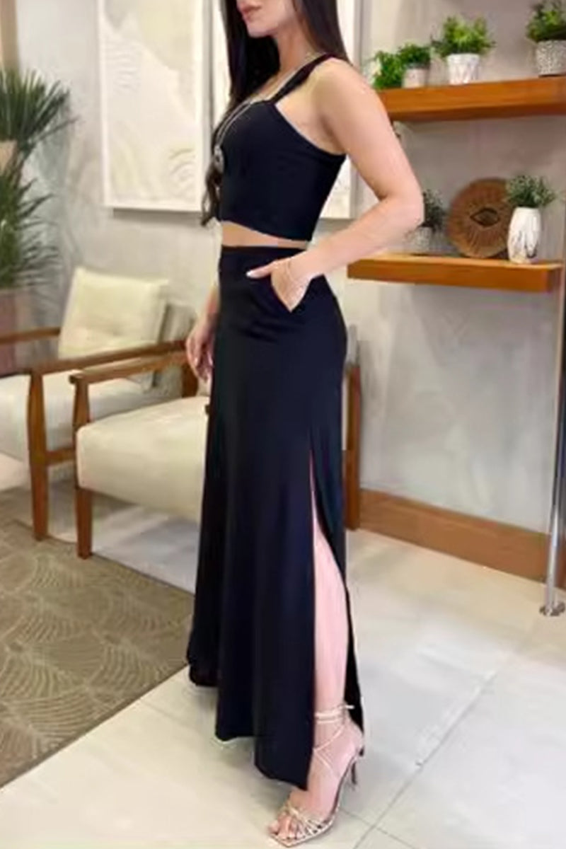 Casual Solid Pocket Slit Square Collar Sleeveless Two Pieces - Fashionpara