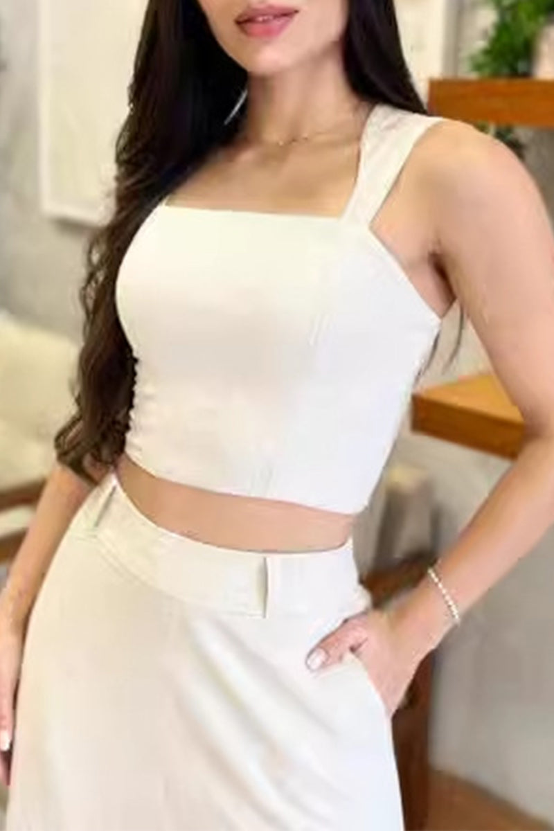 Casual Solid Pocket Slit Square Collar Sleeveless Two Pieces - Fashionpara