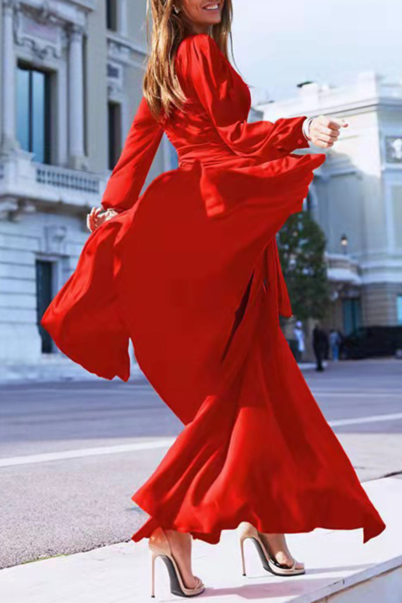 Celebrities Formal Solid Frenulum Slit V Neck Evening Dresses - Fashionpara