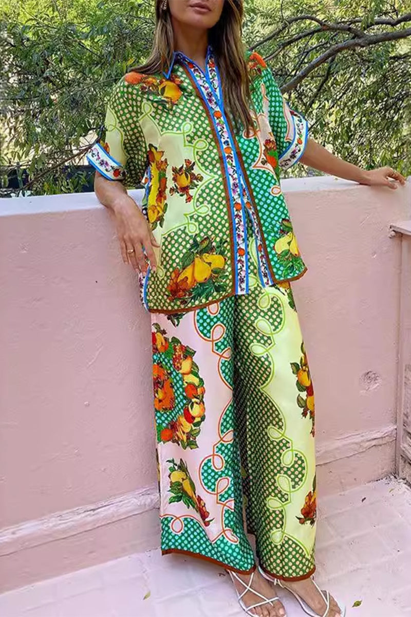 Casual Vintage Fruit printing Pocket Turndown Collar Short Sleeve Two Pieces - Fashionpara