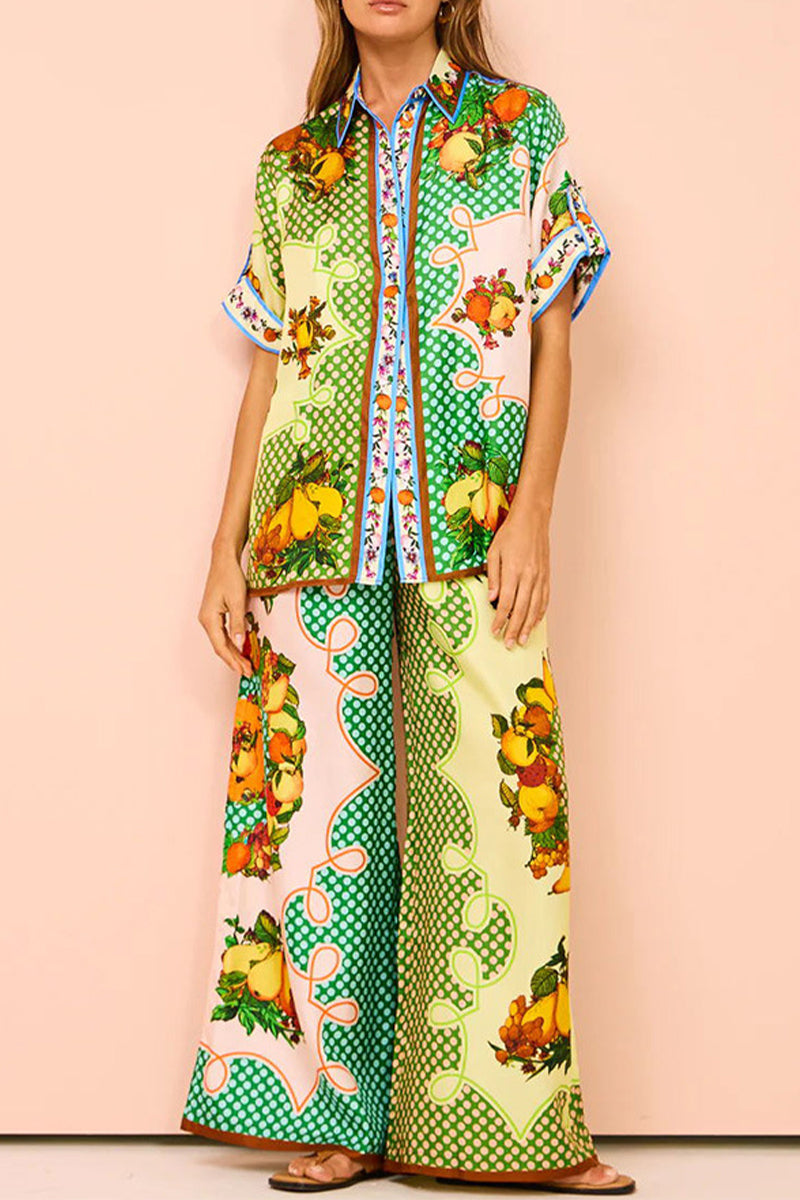 Casual Vintage Fruit printing Pocket Turndown Collar Short Sleeve Two Pieces - Fashionpara