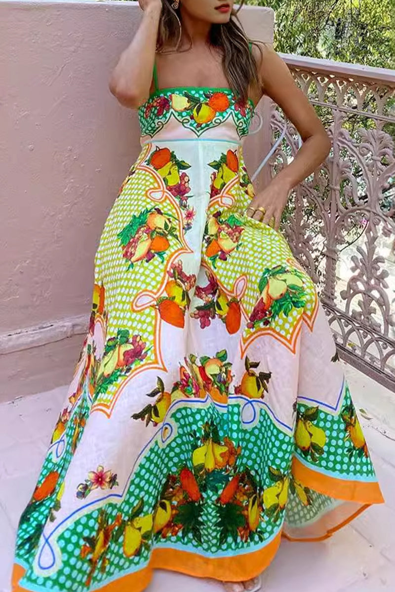 Casual Cute Fruit printing Patchwork Sling Dresses - Fashionpara