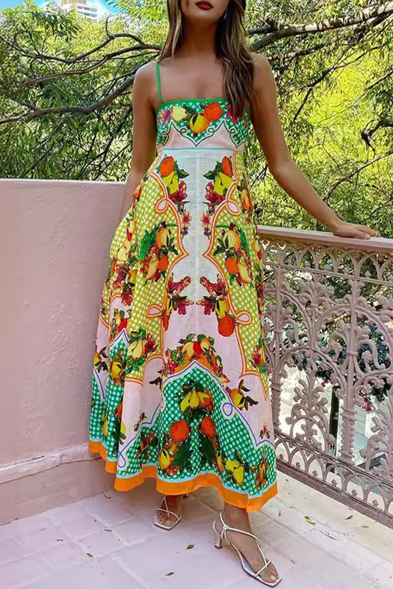 Casual Cute Fruit printing Patchwork Sling Dresses - Fashionpara