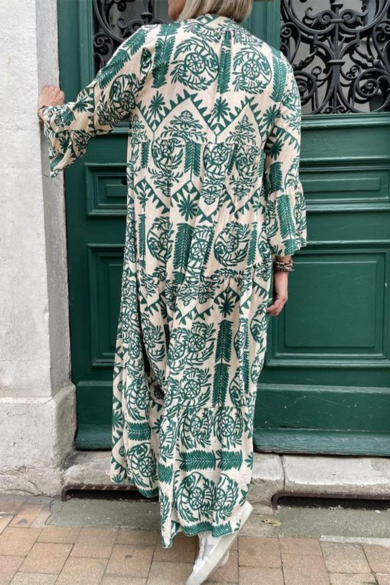 Casual Vintage Geometric Print Patchwork V Neck Printed Dresses(3 Colors)