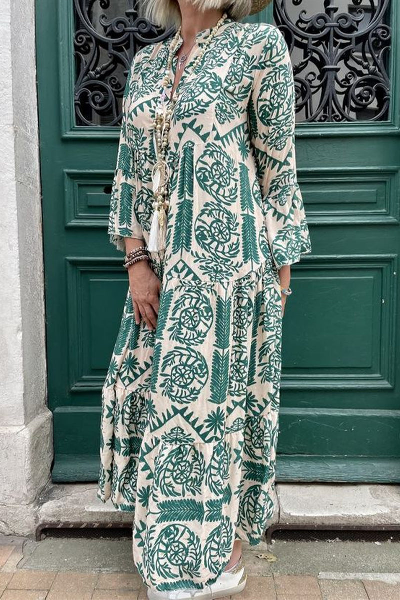 Casual Vintage Geometric Print Patchwork V Neck Printed Dresses(3 Colors)