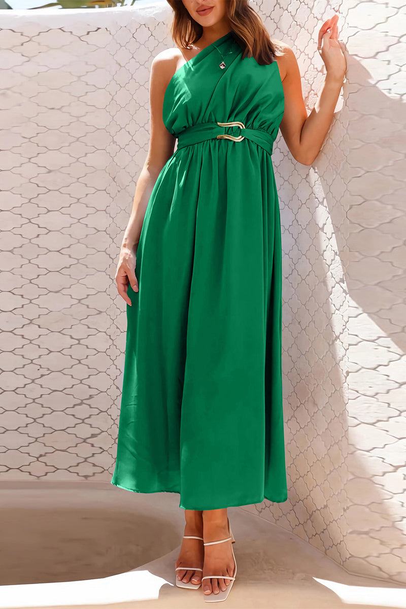 Elegant Formal Solid Metal Accessories Decoration Fold Oblique Collar Evening Dresses - Fashionpara