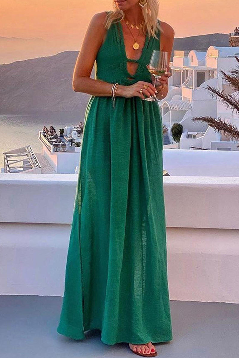 Casual Vacation Solid Slit V Neck Sleeveless Dresses - Fashionpara