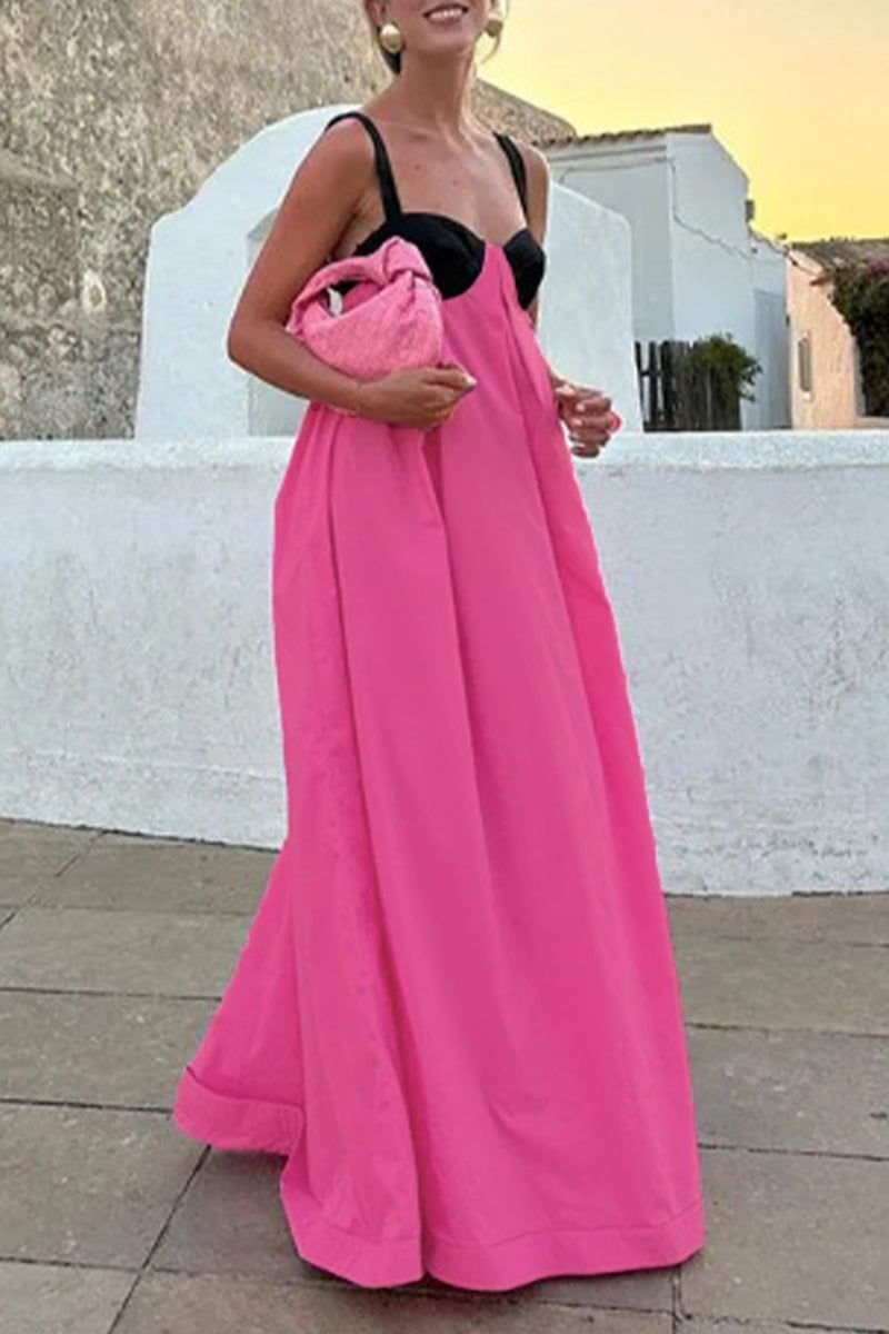 Casual Solid Patchwork With Bow Contrast V Neck Sling Dresses - Fashionpara