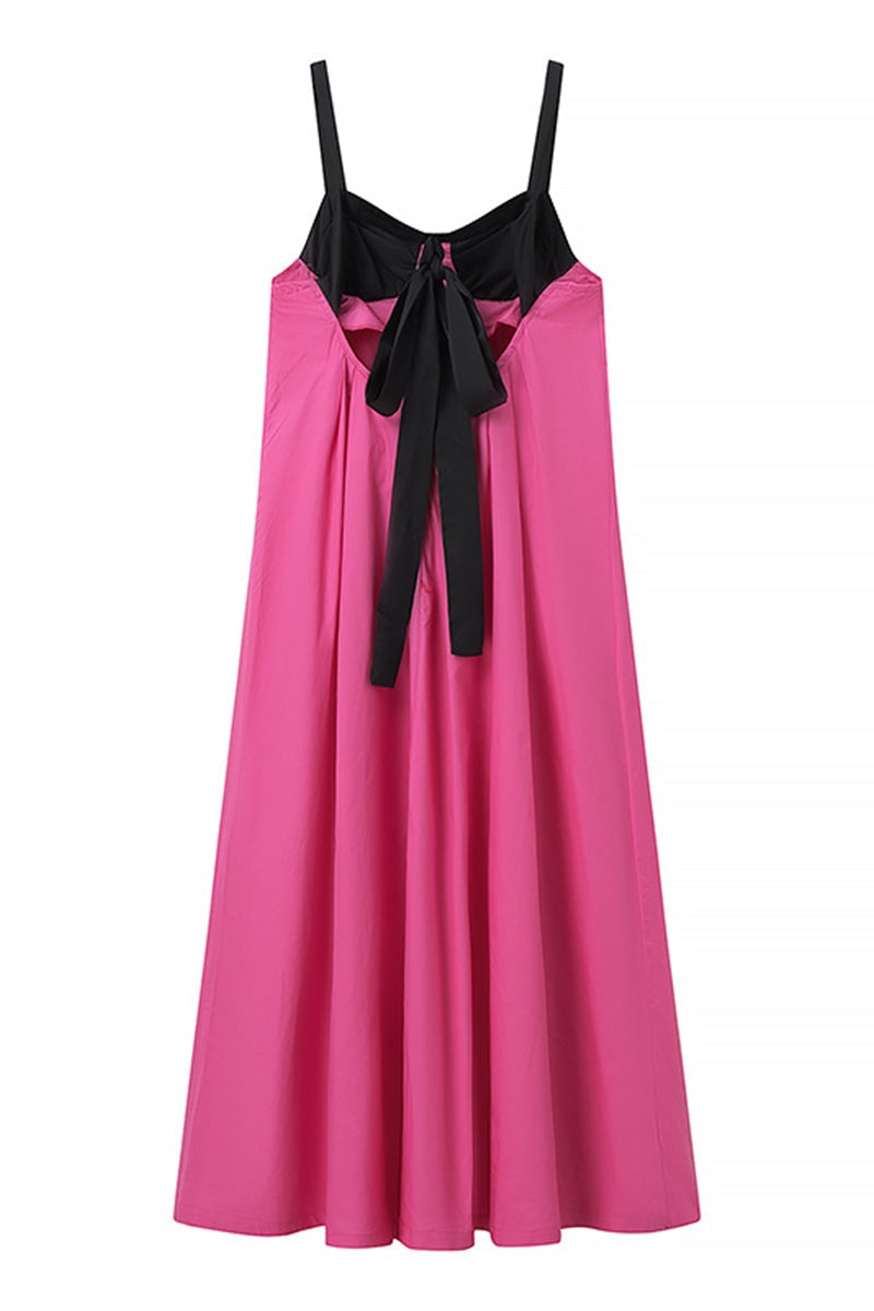 Casual Solid Patchwork With Bow Contrast V Neck Sling Dresses - Fashionpara