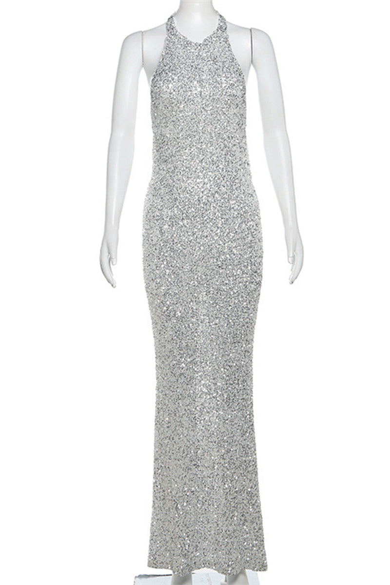 Sexy Party Solid Sequins Backless Halter Wrapped Skirt Dresses - Fashionpara