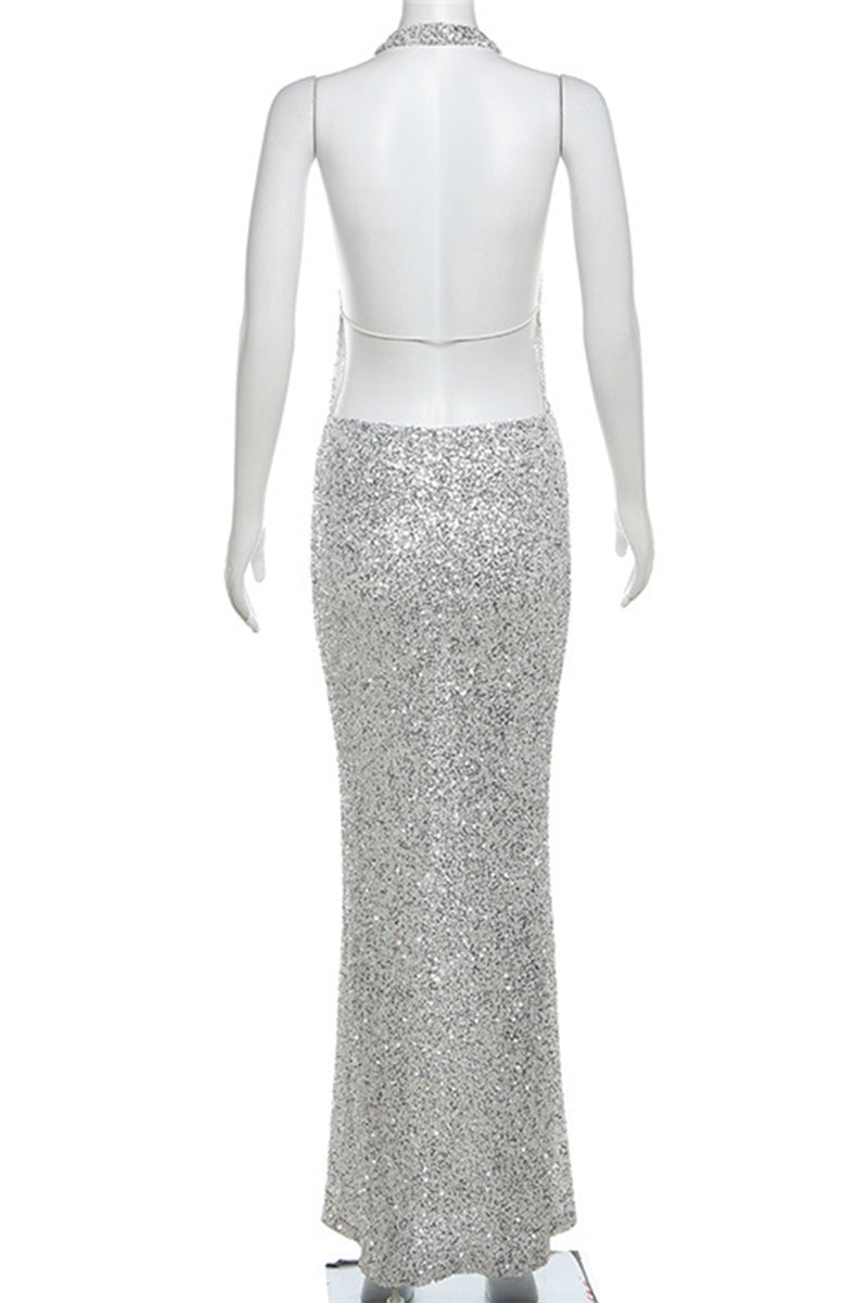Sexy Party Solid Sequins Backless Halter Wrapped Skirt Dresses - Fashionpara