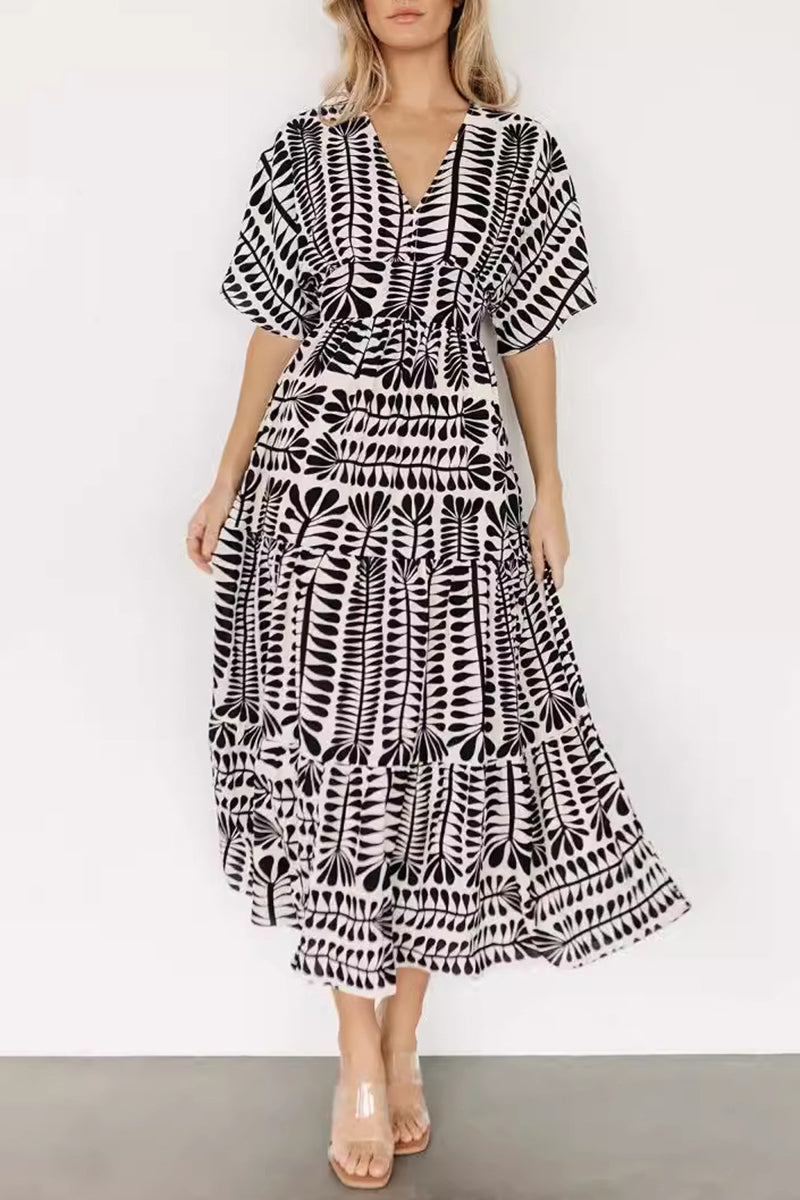 Geometric Print V-Neck Batwing Sleeve Tiered Boho Midi Dress