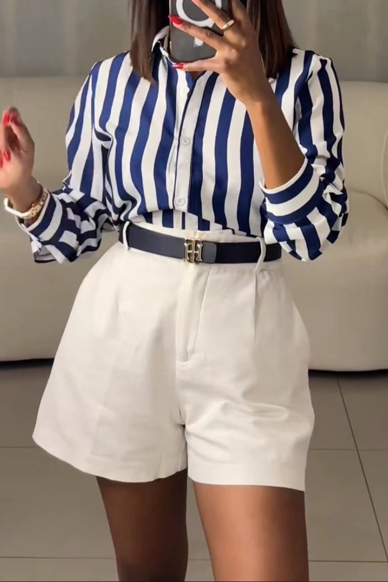 Casual Striped Patchwork Buckle Shirt Collar Tops - Fashionpara