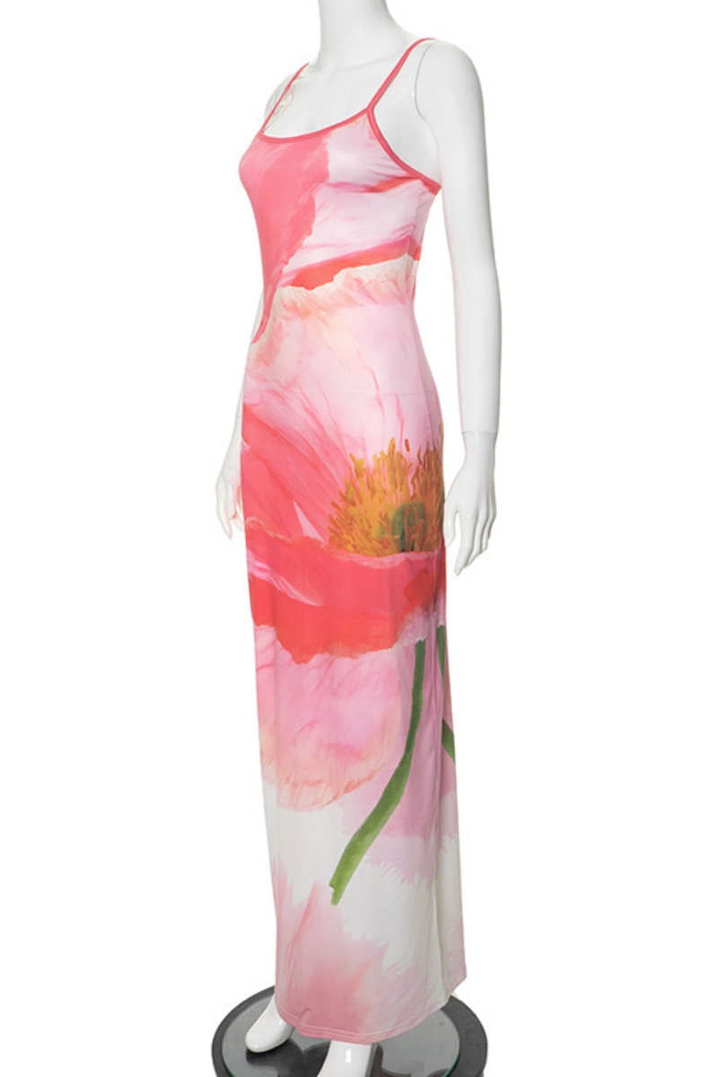 Casual Print Backless Spaghetti Strap Long Dresses