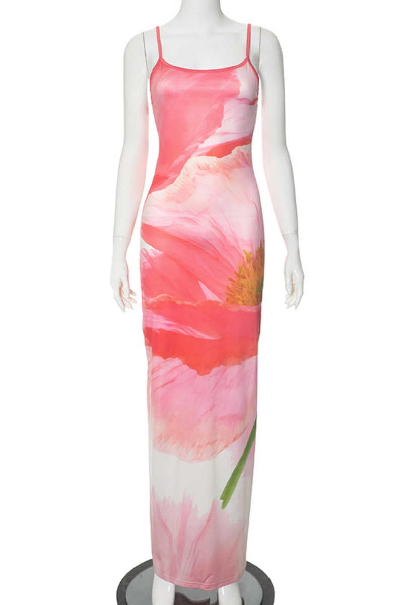Casual Print Backless Spaghetti Strap Long Dresses