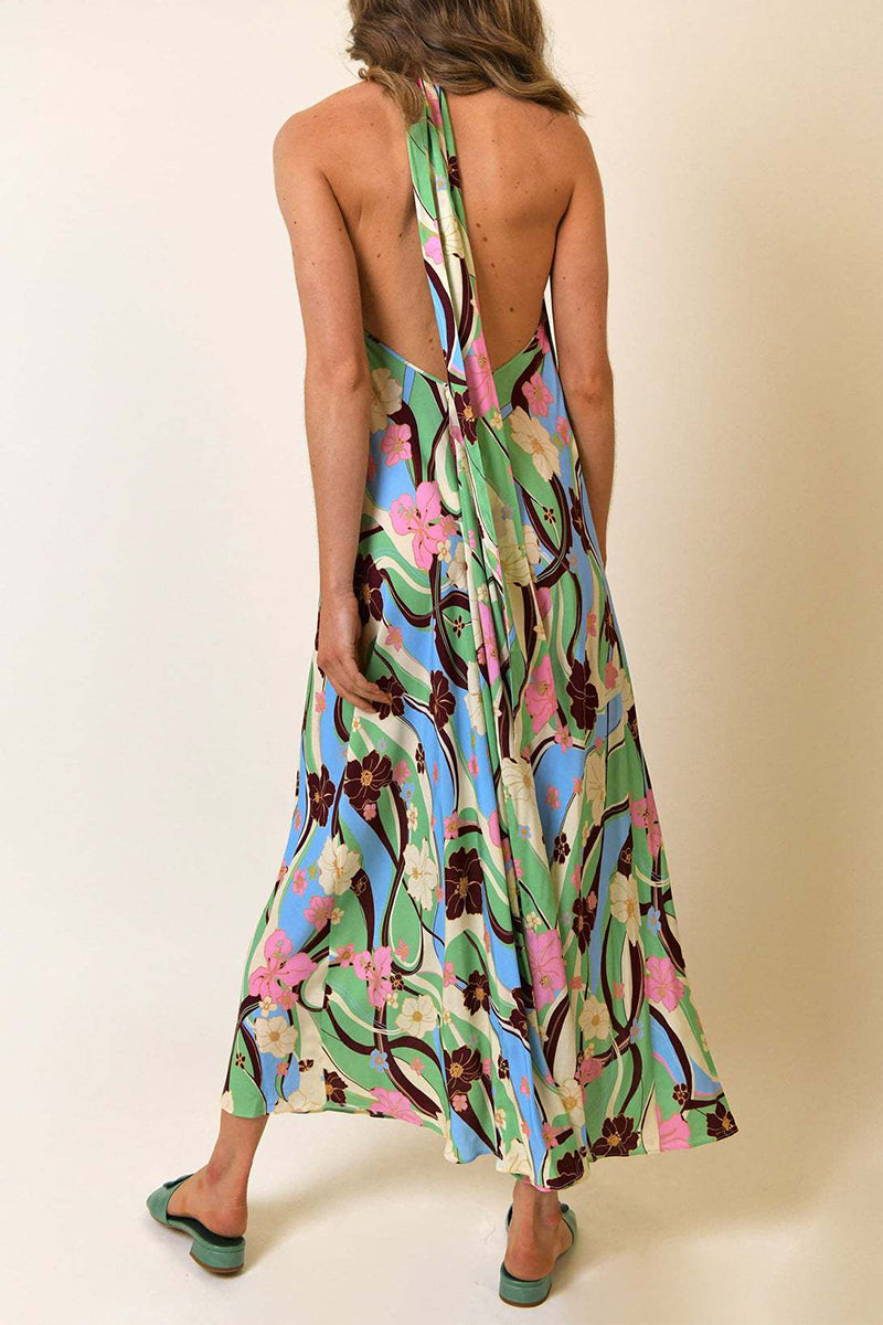 Bohemian Vacation Floral Frenulum Backless Printed Dresses  Fashionpara