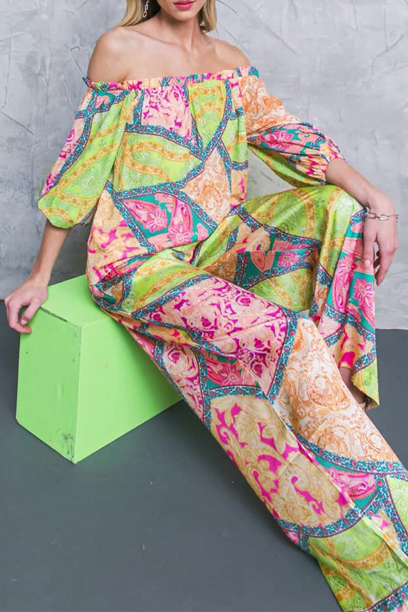 Casual Sweet Color Block Make Old Contrast Off the Shoulder Three Quarter Two Pieces - Fashionpara