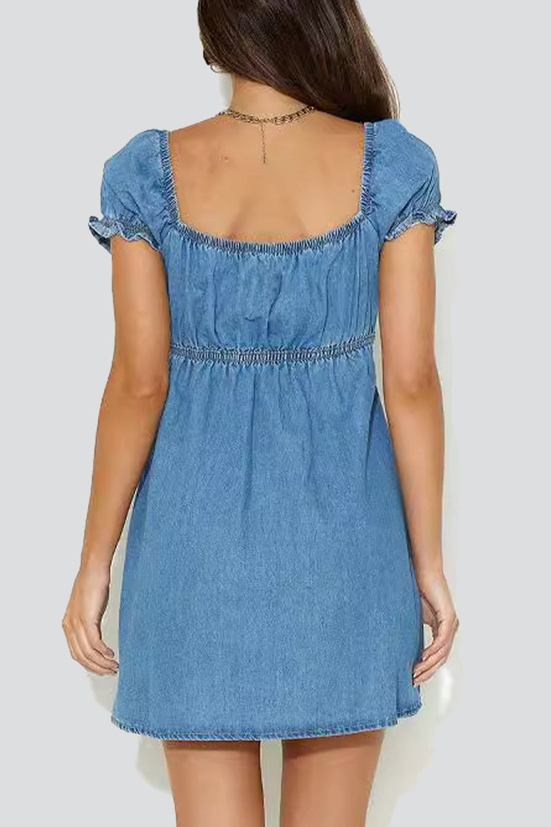 Casual Street Solid Hollowed Out Frenulum V Neck Short Sleeve Denim Dresses - Fashionpara