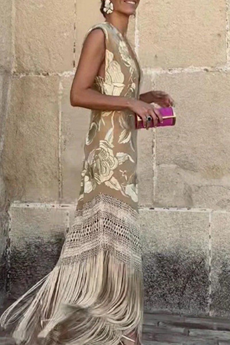 Sexy Bronzing Heart Shaped Tassel Asymmetrical V Neck Dresses - Fashionpara