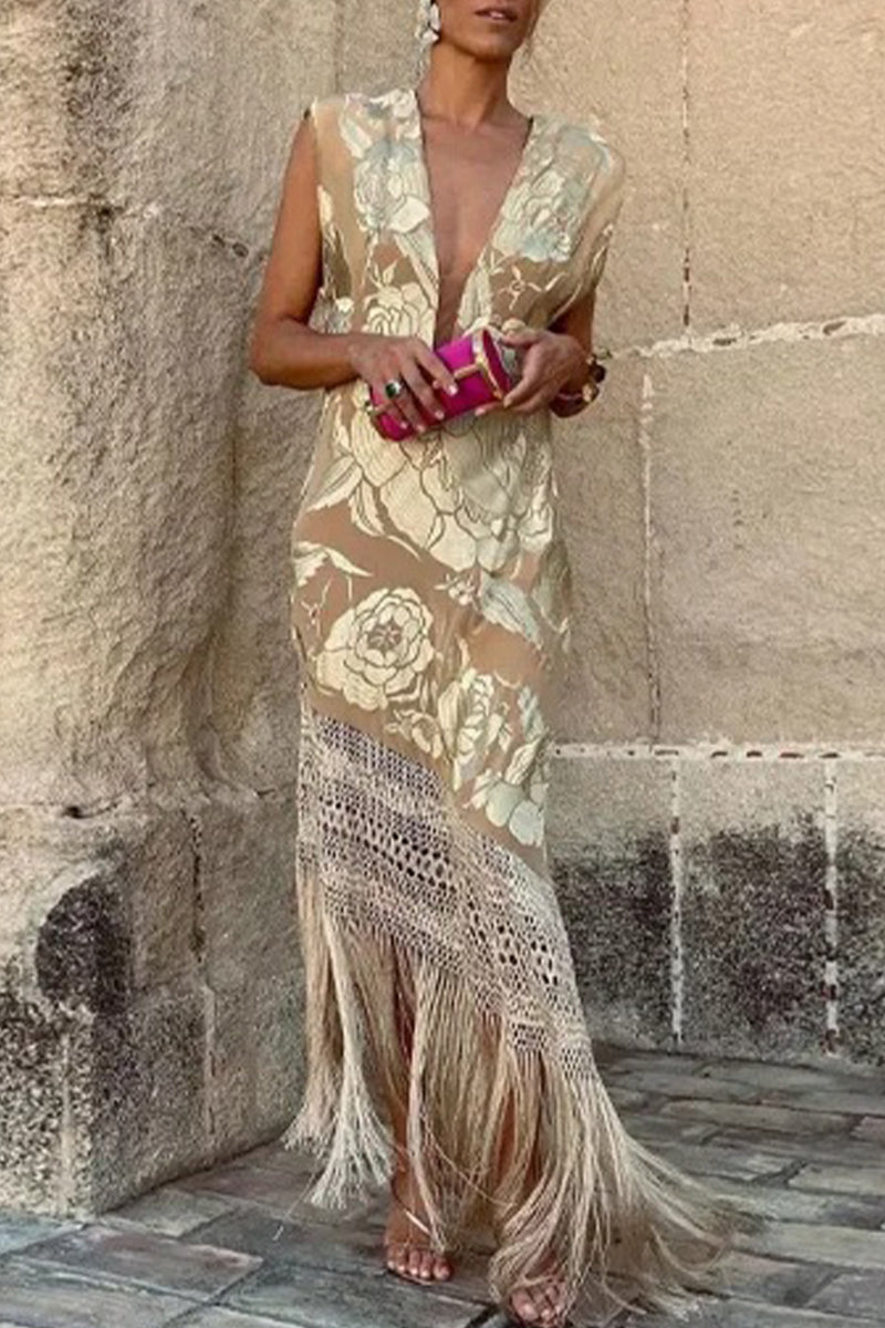 Sexy Bronzing Heart Shaped Tassel Asymmetrical V Neck Dresses - Fashionpara