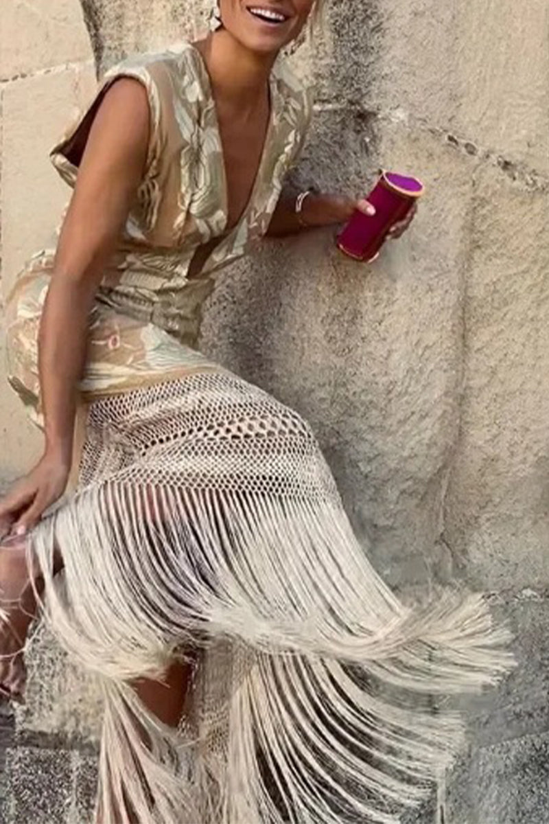 Sexy Bronzing Heart Shaped Tassel Asymmetrical V Neck Dresses - Fashionpara