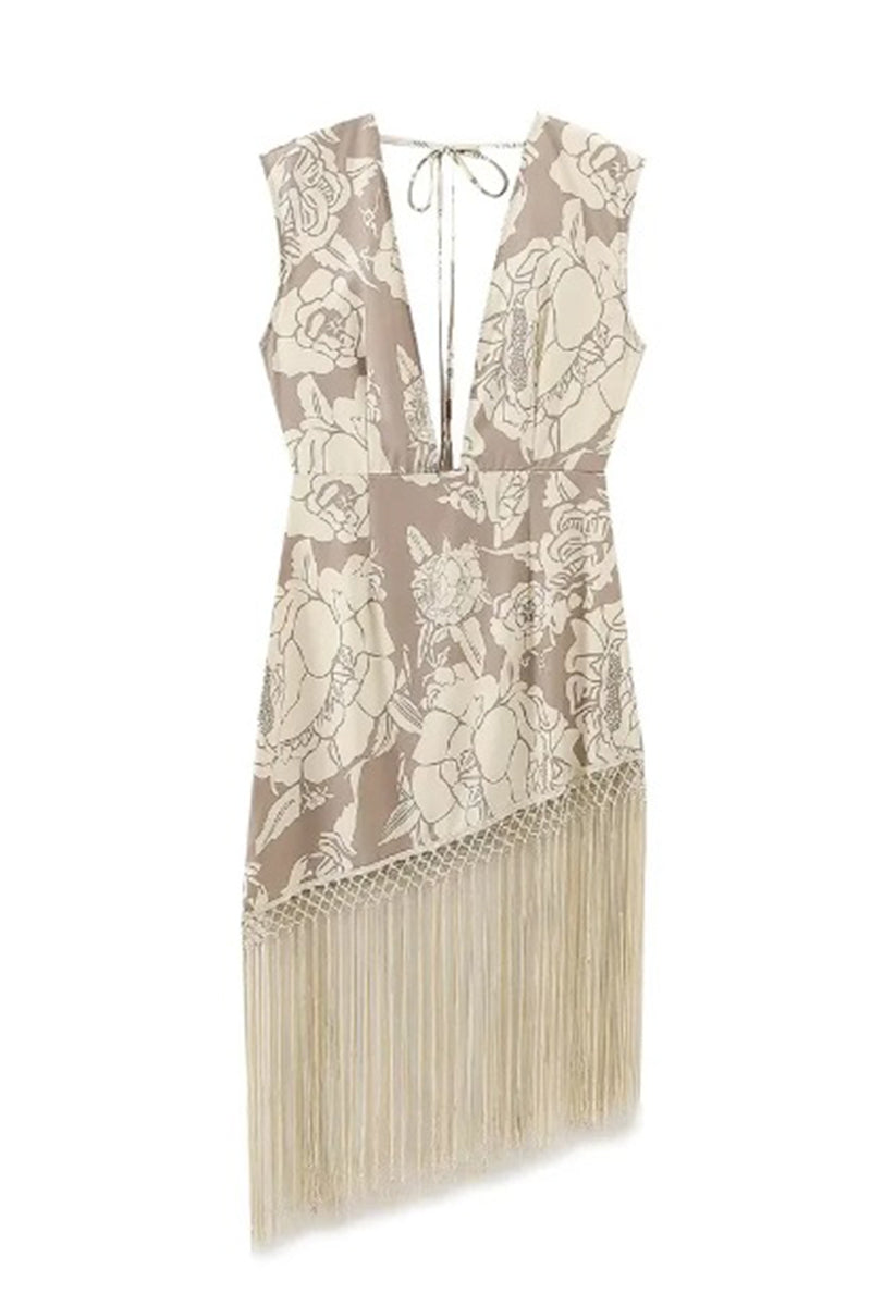 Sexy Bronzing Heart Shaped Tassel Asymmetrical V Neck Dresses - Fashionpara