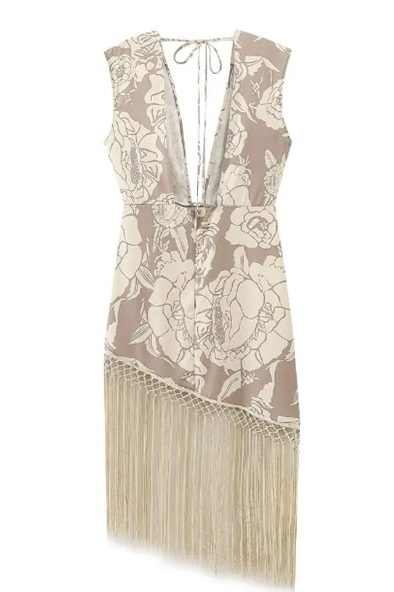 Sexy Bronzing Heart Shaped Tassel Asymmetrical V Neck Dresses - Fashionpara
