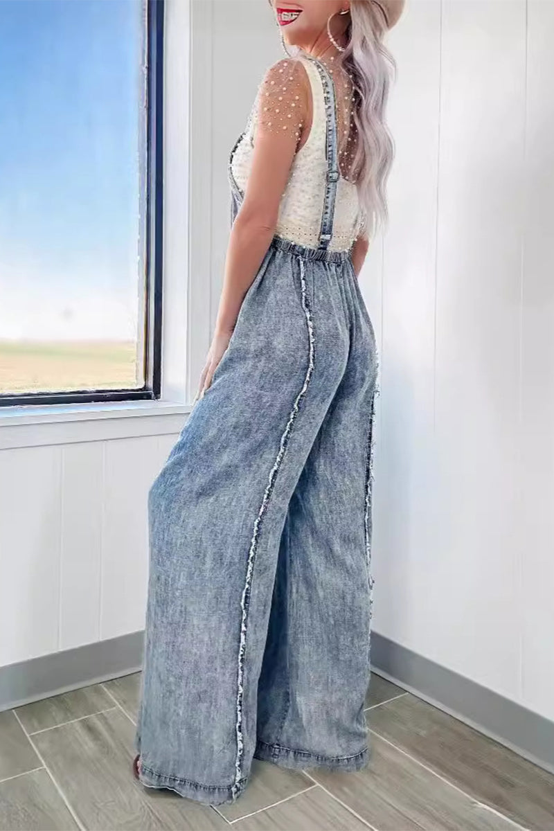 Casual Street Solid Patchwork Backless Square Collar Sleeveless Loose Denim Jumpsuits - Fashionpara