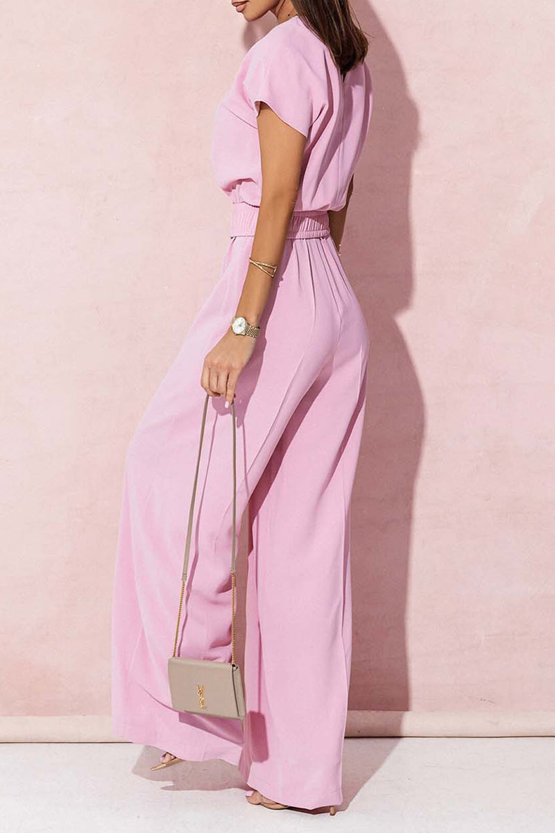 Casual Solid Metal Accessories Decoration V Neck Loose Jumpsuits(4 Colors) - Fashionpara