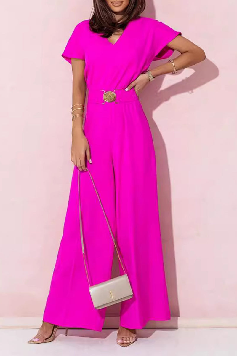 Casual Solid Metal Accessories Decoration V Neck Loose Jumpsuits(4 Colors) - Fashionpara