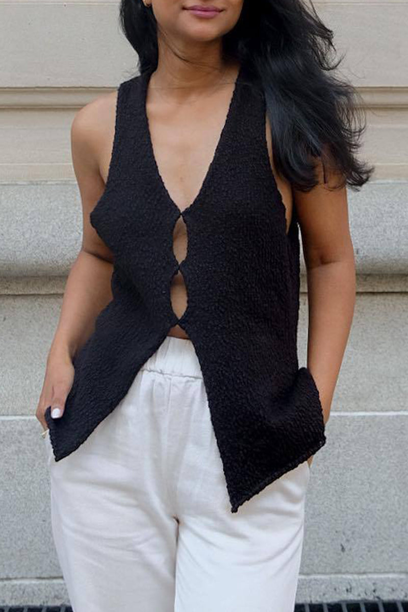 Casual British Style Solid Hollowed Out V Neck Tops - Fashionpara