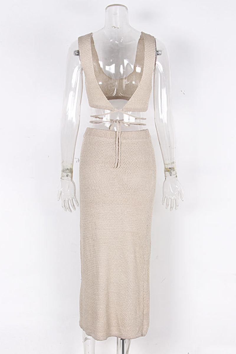 Sexy Vacation Solid Frenulum Slit Weave V Neck Sleeveless Two Pieces