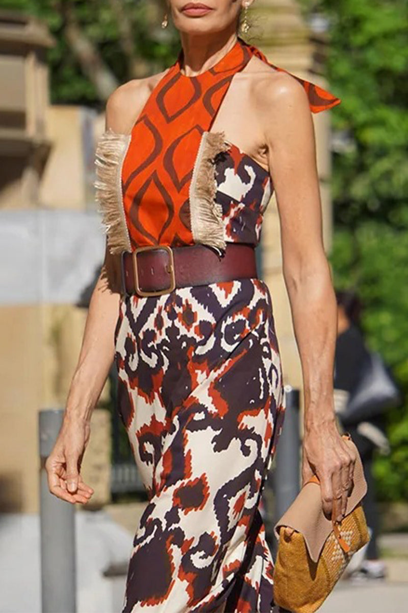 Bohemian Vintage Geometric Print Patchwork Halter Printed Dresses(No Belt) - Fashionpara