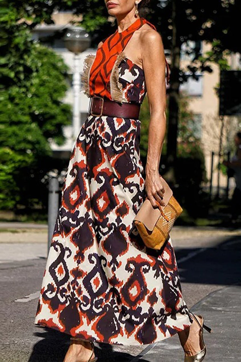 Bohemian Vintage Geometric Print Patchwork Halter Printed Dresses(No Belt) - Fashionpara