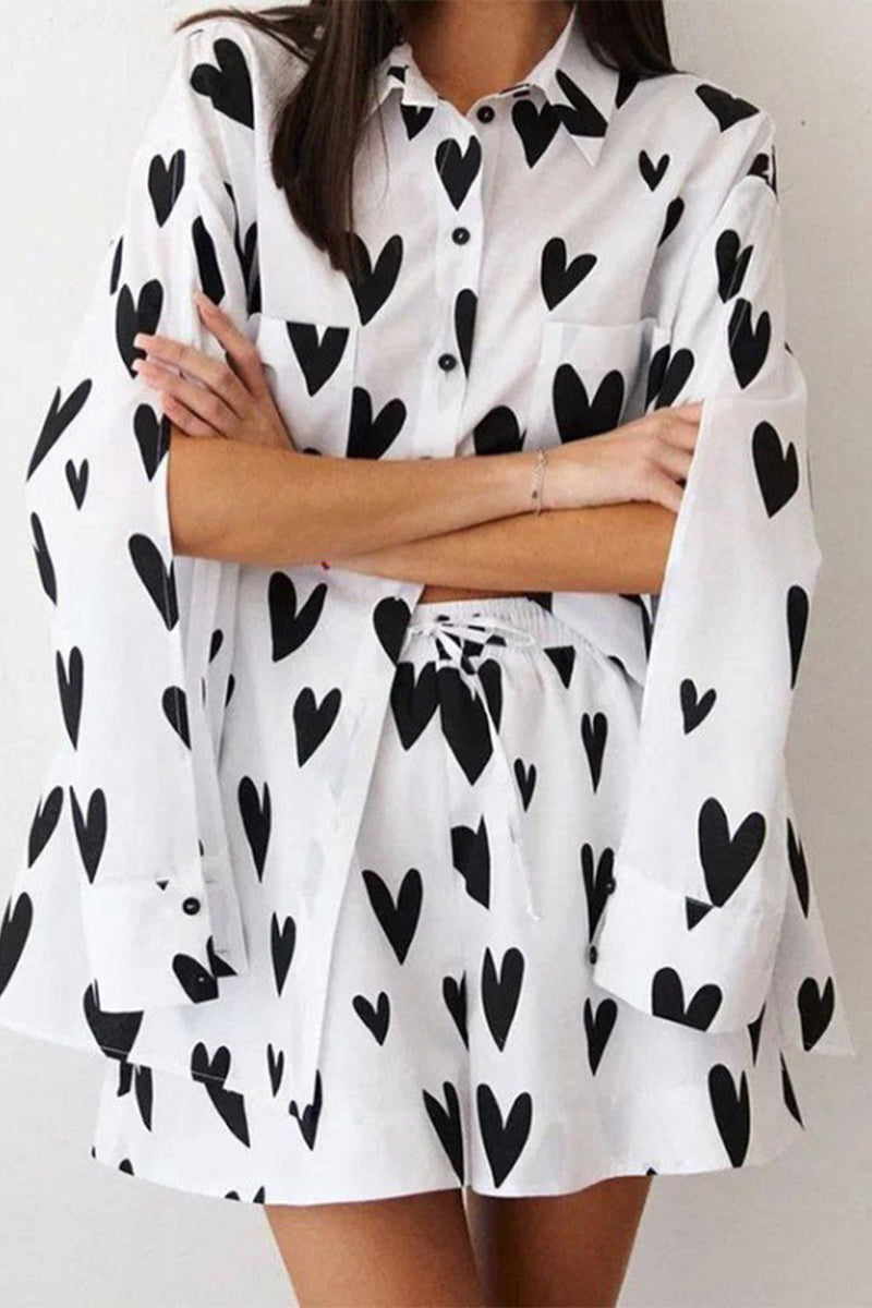 Casual Print Heart Shaped Pocket Turndown Collar Long Sleeve Two Pieces  Fashionpara