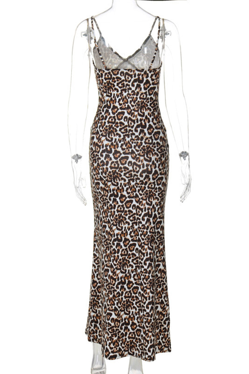 Sexy Vintage Leopard Backless V Neck One Step Skirt Dresses