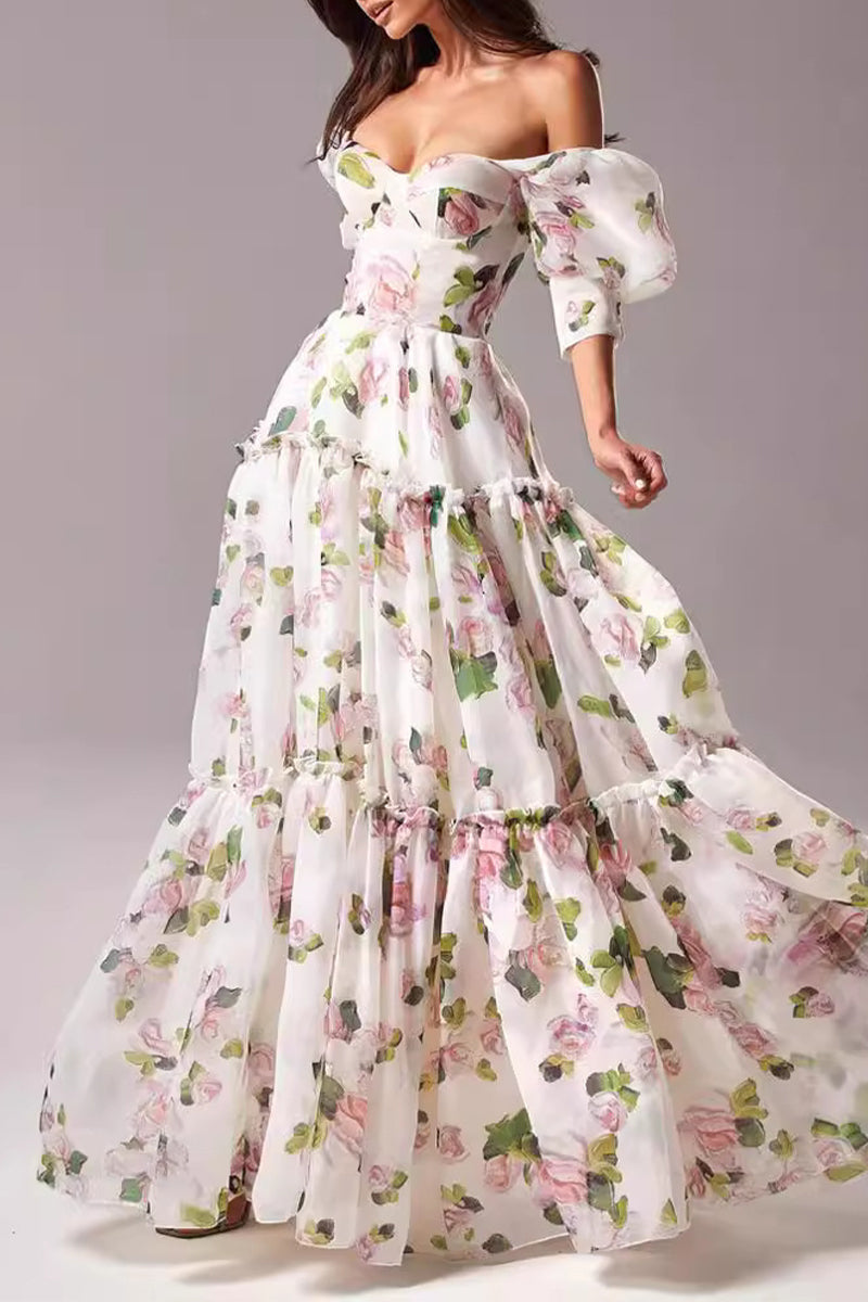 Celebrities Elegant Flowers Patchwork Off the Shoulder Evening Dresses - Fashionpara
