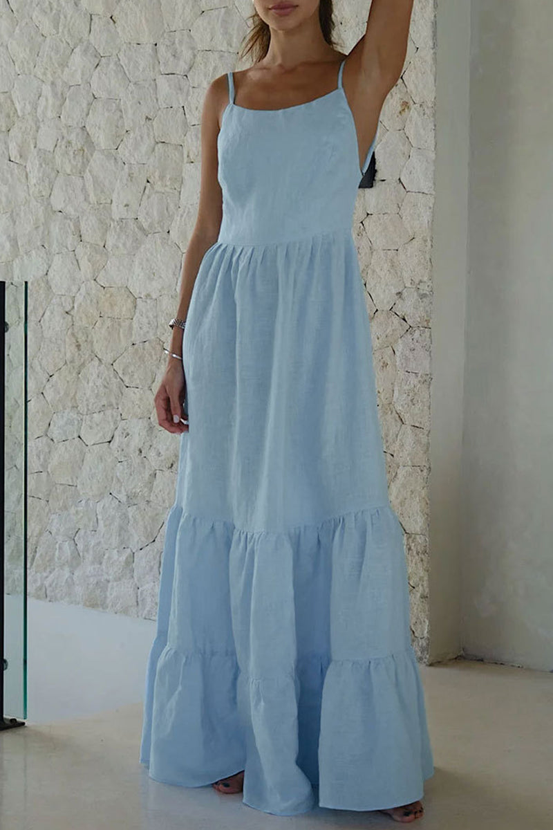 Sexy Vacation Solid Frenulum Backless U Neck Cake Skirt Dresses(5 Colors)