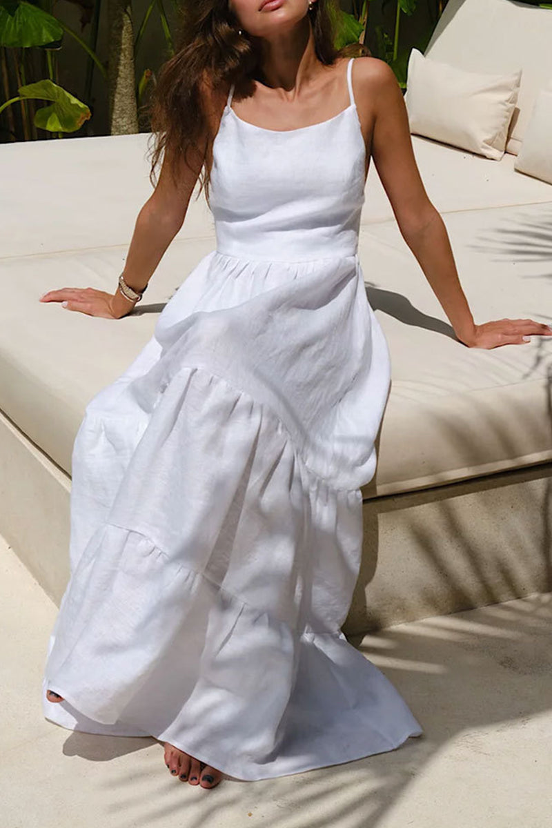 Sexy Vacation Solid Frenulum Backless U Neck Cake Skirt Dresses(5 Colors)