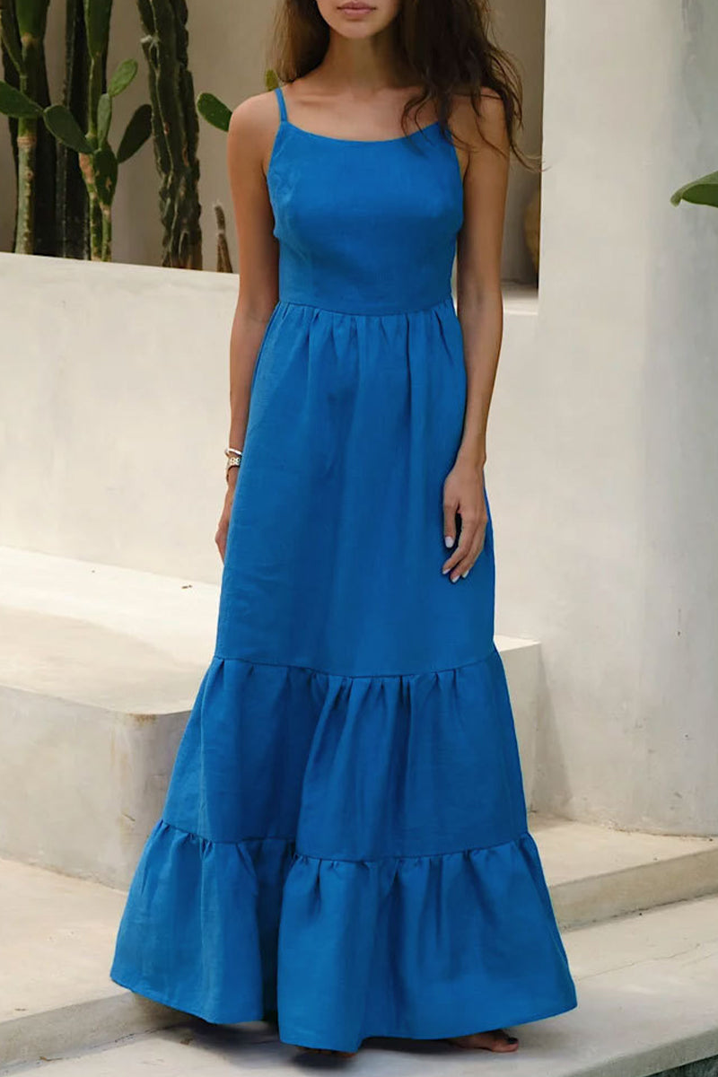 Sexy Vacation Solid Frenulum Backless U Neck Cake Skirt Dresses(5 Colors)