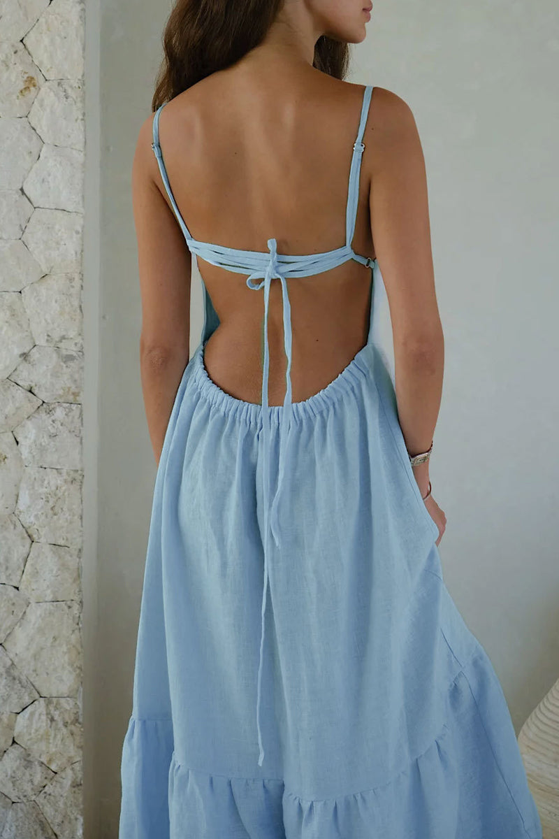 Sexy Vacation Solid Frenulum Backless U Neck Cake Skirt Dresses(5 Colors)