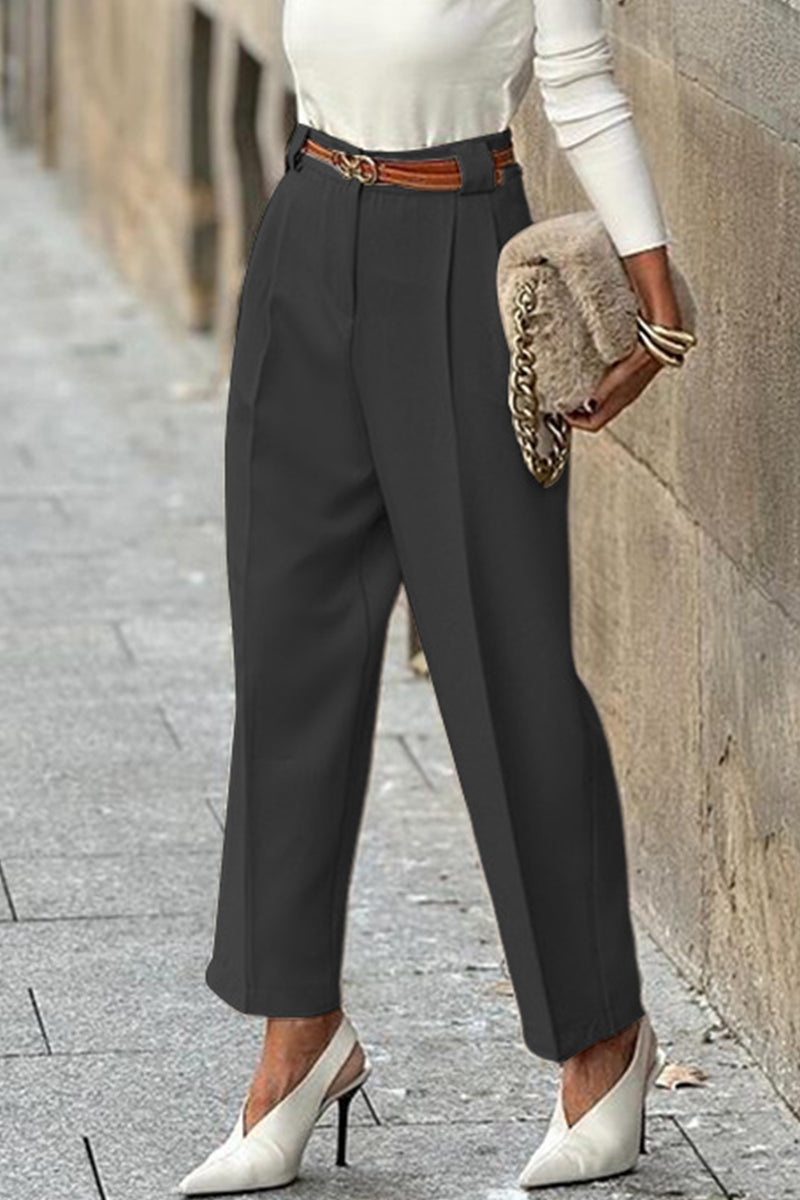 Casual British Style Solid Pocket Without Belt Loose High Waist Straight Solid Color Bottoms(No Belt)(3 Colors)