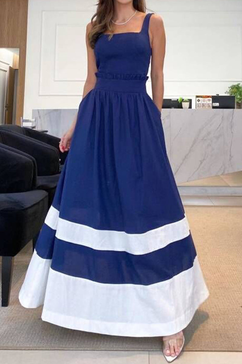 Casual Striped Patchwork Square Collar Sling Dresses - Fashionpara