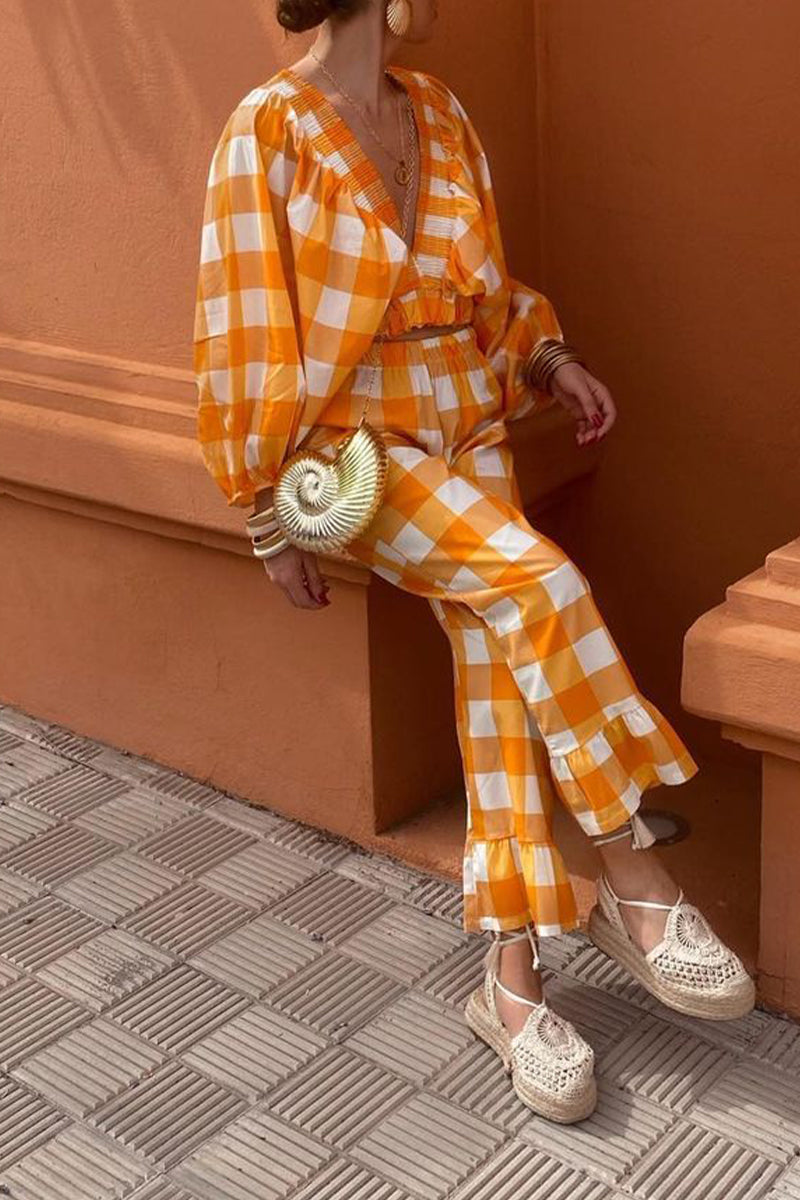 Casual Sweet Plaid Fold Contrast V Neck Long Sleeve Two Pieces - Fashionpara