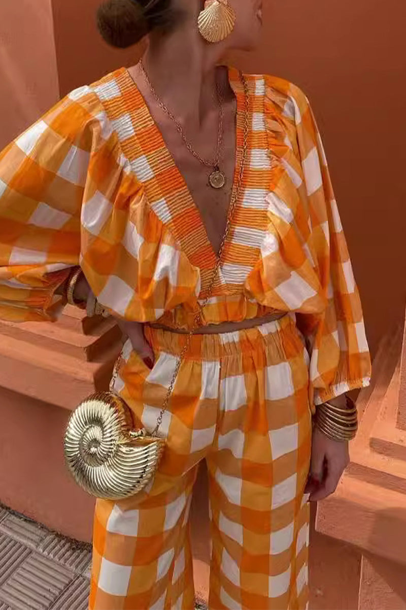 Casual Sweet Plaid Fold Contrast V Neck Long Sleeve Two Pieces - Fashionpara